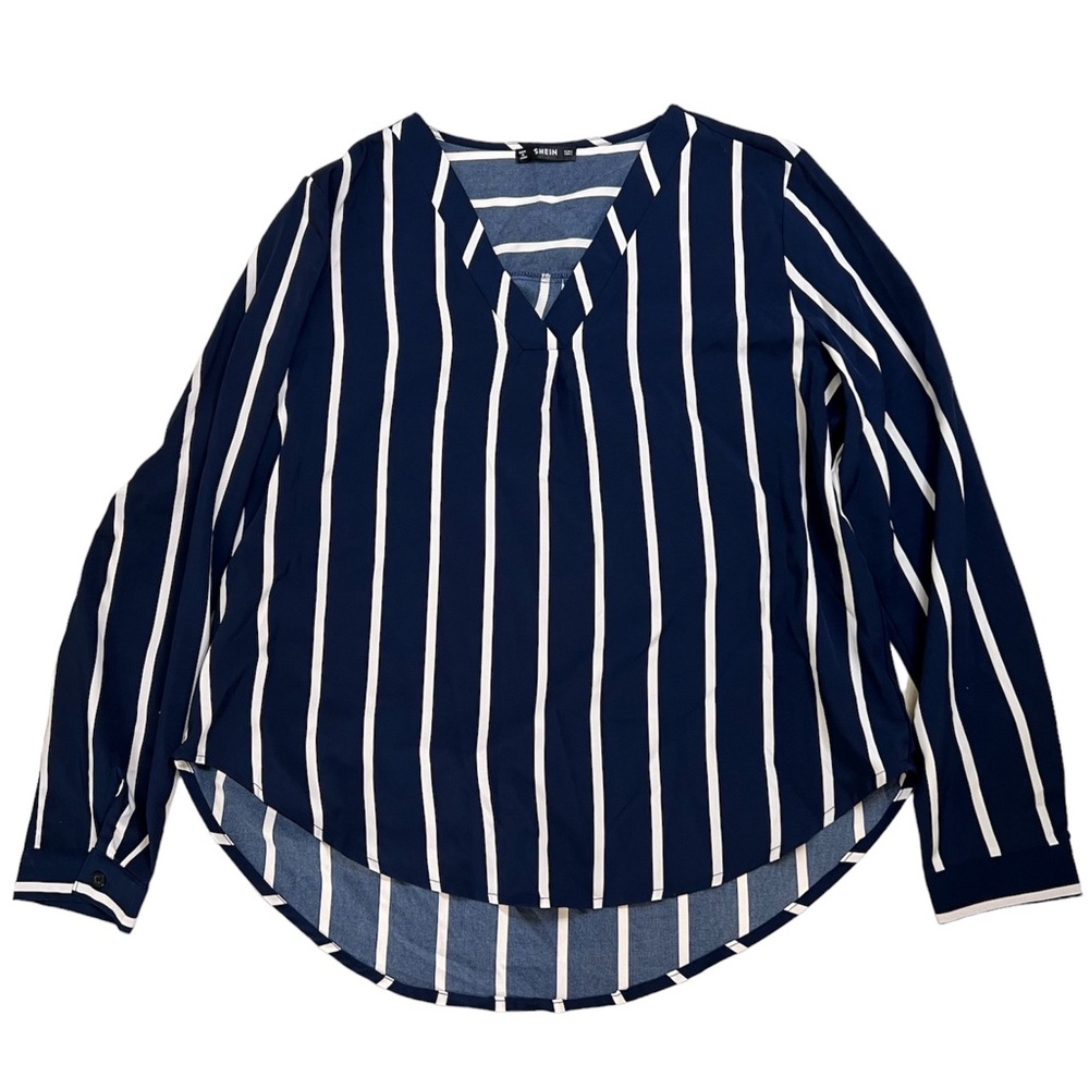 SHEIN V-neck blue off white strips long sleeve top L
